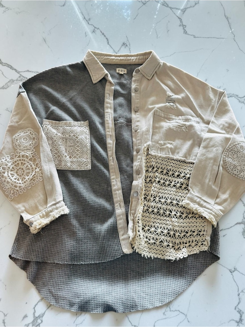 POL (rare find) Crochet Patchwork Button-Down Shacket - Cream/Gray